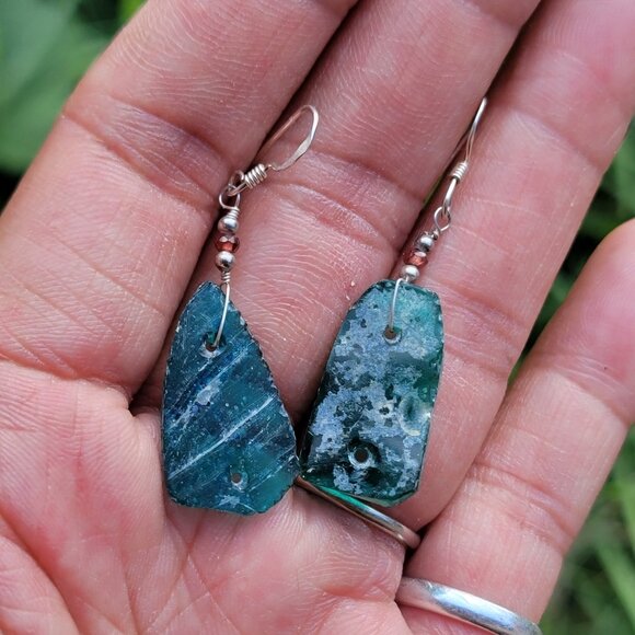 New handmade sterling silver 925 blue green sea glass dangle earrings - Picture 9 of 16